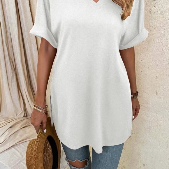white Cozy Casual V-neck Side Slit Oversized Top - Picture 6 of 6